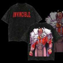 Washed T-Shirt,Thragg The Conqueror Viltrumite War - Invincible Comic Double Printed Oversize Lightweight Acid Washed Tee TV Series Graphic Tee T-Shirt Graphic Tees Superhero Fansummer Outfits For Women - 黑色 - 查看 1