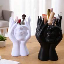 Abstract Human Face Sculpture Pen Holder, Multifunctional Makeup Brush Storage Bucket Plastic Pen Stand Desktop Decor - Face-holding Storage Bucket - View 2