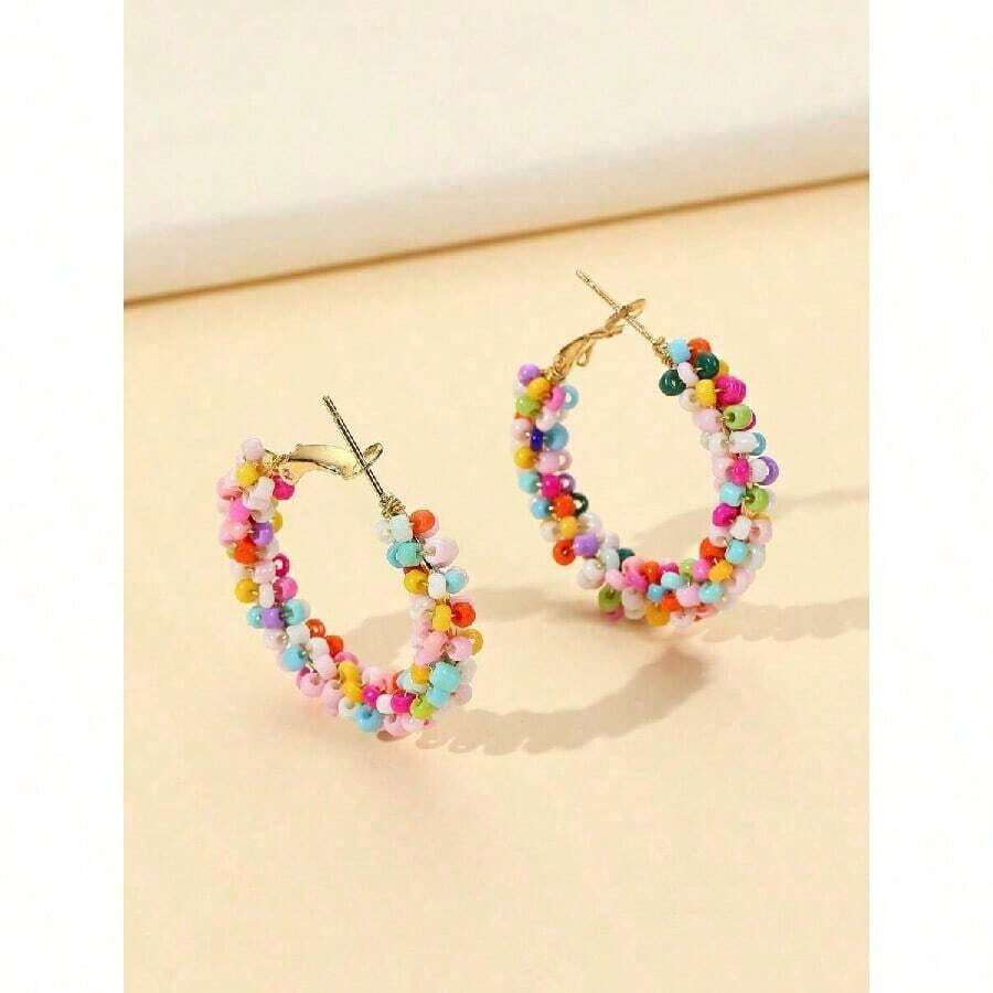 1pair Fashion Beaded Hoop Earrings For Women For Ear Decoration - Multicolor - View 1