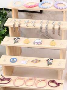 1pc Solid Wood Staircase Jewelry Display Stand, Jewelry Display Table, Jewelry Ornament Display Rack, Live Streaming Booth Storage Rack - Wood Yellow - View 7