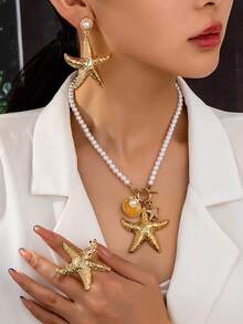 Set Perhiasan Anyaman Cangkang Bintang Laut 4 Buah untuk Wanita - Aksesoris Pesta & Liburan Pantai - Yellow Gold - View 1
