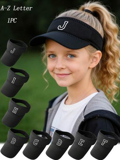 1顶A-Z字母针织遮阳帽，男女童通用，透气镂空运动帽，卡其色弹力头带，夏季沙滩、高尔夫、跑步防晒