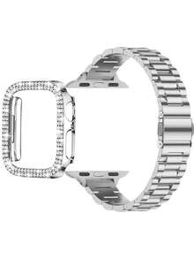 2pcs/Set Stainless Steel Watch Band + Compatible Case, 14mm Solid Steel Material, Compatible With Apple Watch Bands, Women's Narrow Silver Band, Compatible With Apple Watch 38/40/41/42/44/45/49mm, Compatible With Apple Watch Ultra 2/1/SE/9/8/7/6/5/4/3/2/1. Metal Band + Shiny Double Row Rhinestone Hollow Watch Protective Case, Comfortable, Waterproof, Fashionable Watch Band Accessory - Silver - View 1