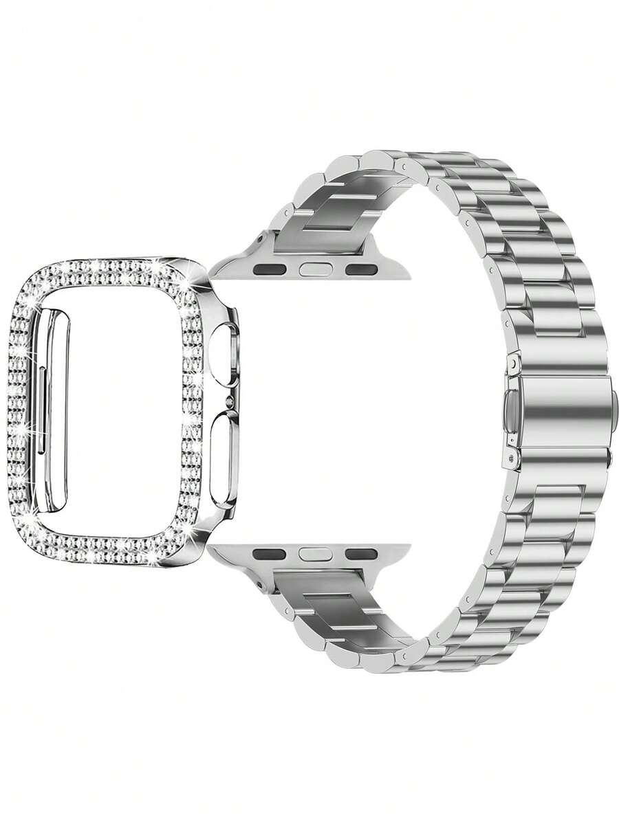 2pcs/Set Stainless Steel Watch Band + Compatible Case, 14mm Solid Steel Material, Compatible With Apple Watch Bands, Women's Narrow Silver Band, Compatible With Apple Watch 38/40/41/42/44/45/49mm, Compatible With Apple Watch Ultra 2/1/SE/9/8/7/6/5/4/3/2/1. Metal Band + Shiny Double Row Rhinestone Hollow Watch Protective Case, Comfortable, Waterproof, Fashionable Watch Band Accessory - Silver - View 1