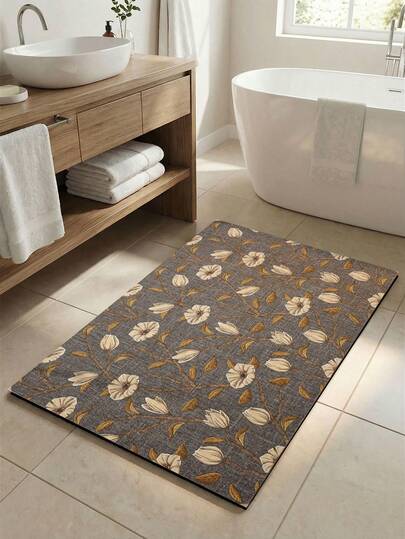 1pc Brown Floral Pattern Bathroom Mat, Minimalist Fresh Design, Rubber Anti-Slip Backing, Absorbent & Stain-Resistant, Home Decor, Kitchen Rug, Suitable For Bathroom, Kitchen, And Entryway