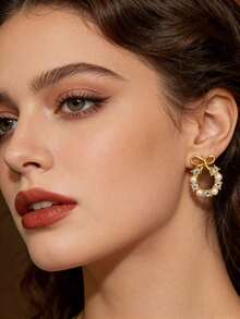 1 Par de Brincos Redondos Elegantes para Noiva com Decoração de Laço Dourado e Pérola Falsa, Presente do Dia dos Namorados - Dourado - Visão 2