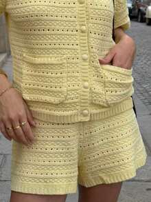 Quần short nữ màu vàng chanh đan móc | Quần short dệt kim cạp cao có túi, thích hợp mặc hàng ngày và đi nghỉ mát. - Màu vàng - Xem 5