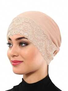 1pc New Lace Patchwork Headscarf, Muslim Women Daily Wear Turban Hat - Solid Color - View 15