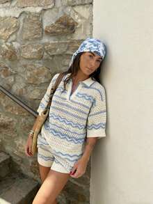 Bộ đồ hai mảnh đan móc mùa hè dành cho nữ, áo cổ chữ V kẻ sọc dáng rộng và quần short, trang phục đan móc thời trang mùa hè, phù hợp cho đi làm và đi chơi hàng ngày vào mùa xuân/hè. - Nhiều màu - Xem 4