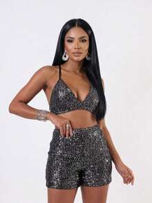 Short Paetê Feminino Cintura Alta Elegante Look Noturno - Prata - Visão 2