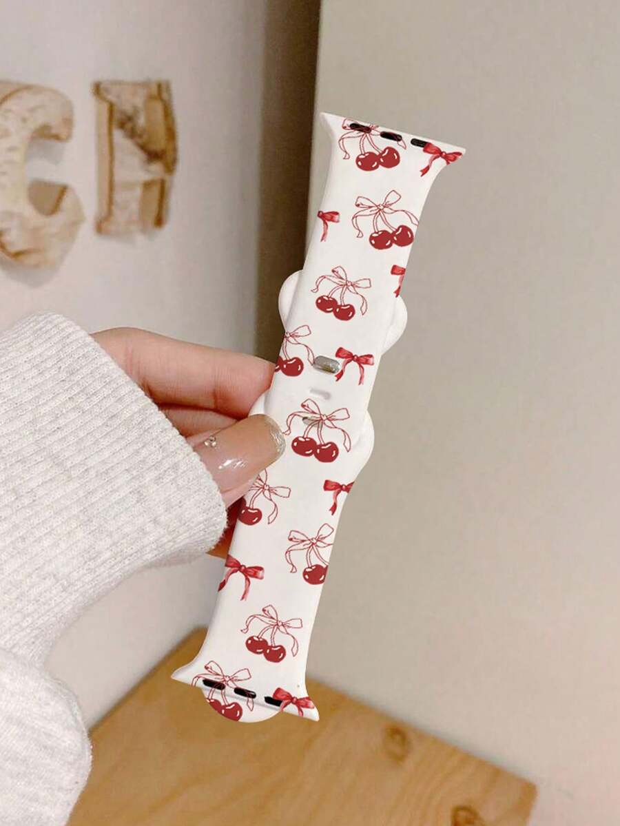 1pc Soft Elastic Breathable Bow Knot Cherry Replacement Watch Band, Compatible With Apple Watch 38mm 40mm 41mm 45mm 44mm 42mm 46mm 49mm, Fashionable Casual Silicone Strap, Compatible With Apple Watch Ultra SE/11/10/9/8/7/6/5/4/3/2/1 - White - View 1