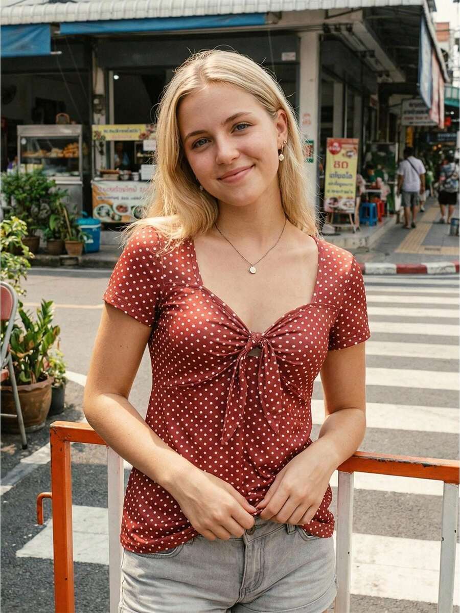 Women's Dot Sweetheart Neck Tops Cute Short Sleeve Front Knot Tie Up Shirt Retro French Blouse - 紅色 - 查看 1