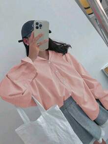 Plus Size Women's Striped Button-Up Shirt, Long Dropped Shoulder Sleeve, Woven Fabric Spring - Baby Pink - View 4