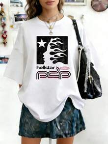 Plus Size Hellstars Red Flame Head Star Y2K Graphic T-Shirt,220g 100% Cotton,Round Neck Short Sleeve,White Streetwear Essential For Summer Going Out,Unisex Style - White - View 1