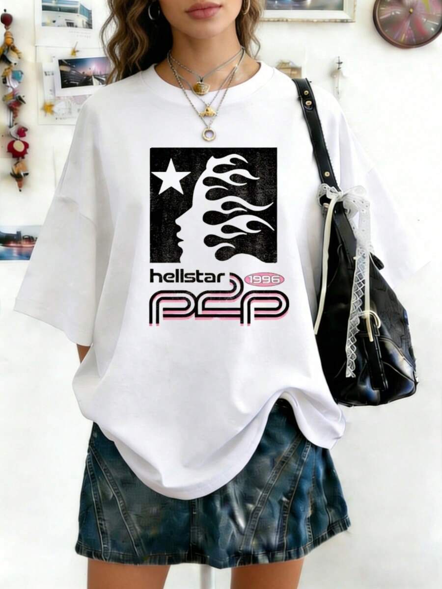 Plus Size Hellstars Red Flame Head Star Y2K Graphic T-Shirt,220g 100% Cotton,Round Neck Short Sleeve,White Streetwear Essential For Summer Going Out,Unisex Style - White - View 1