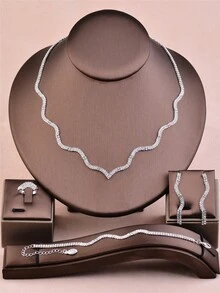 CORUIXI 1 set de bijoux délicats en strass pour femmes, comprenant un collier à vagues dorées, un bracelet, des boucles d'oreilles, une bague. Convient pour la mariée, la demoiselle d'honneur, boule de cristal, cadeau pour les filles - Doré - Voir 8