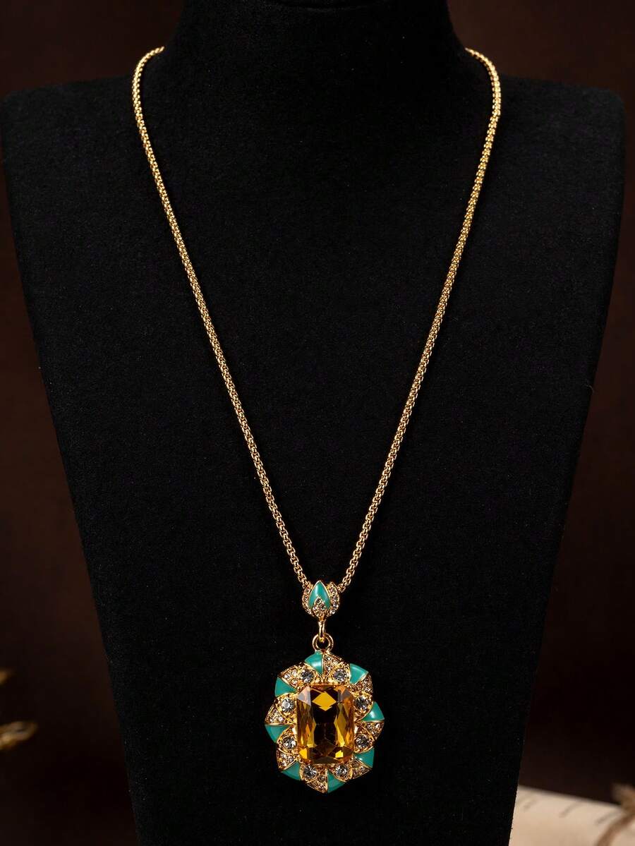 Mid-Century Vintage Exquisite And Gorgeous Yellow Geometric Rhinestone Inlaid With Blue-Green Enamel Fashion Flower Pendant Necklace And Earrings, Suitable For Women's Daily Wear, Parties, Banquets, Festival Accessories, A Gift For Ladies - Necklace - View 1