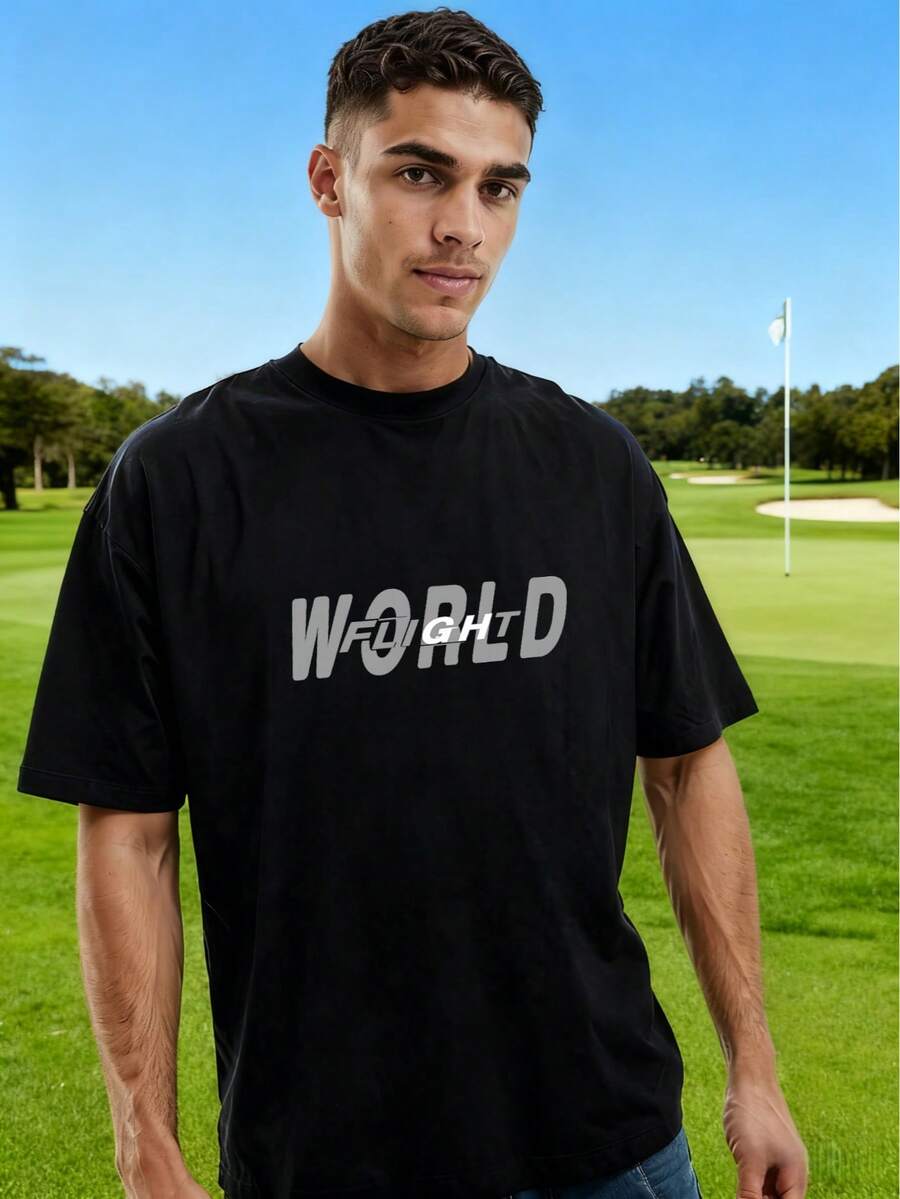 Envío dentro del país con entrega al día siguiente. Camiseta de cuello redondo y manga corta para hombres, nueva colección de verano, cómoda y transpirable, diseño versátil con corte amplio, ideal para crear looks casuales y adornada con estampados modernos y de moda. - Negro - Ver 1