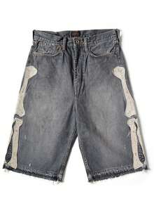 Gothic-Inspired Black Washed Denim Shorts Featuring Bold Skeleton Bone Print And Raw Frayed Hem For A Dark Avant-Garde Aesthetic - màu đen - Xem 3