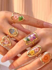 Anillos de acero inoxidable para mujer, joyas de resina con flores únicas, anillos apilables geométricos delicados y vintage, impermeables - Dorado - Ver 1
