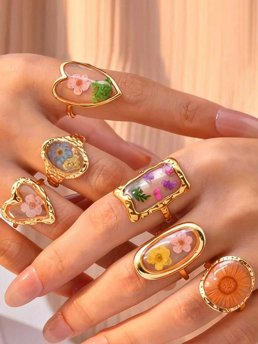 Anillos de acero inoxidable para mujer, joyas de resina con flores únicas, anillos apilables geométricos delicados y vintage, impermeables - Dorado - Ver 1