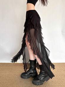 YeonC Chic Women Black Polyester Long Asymmetrical Skirt With Ruffle Design And High Stretch For Party - White - View 6