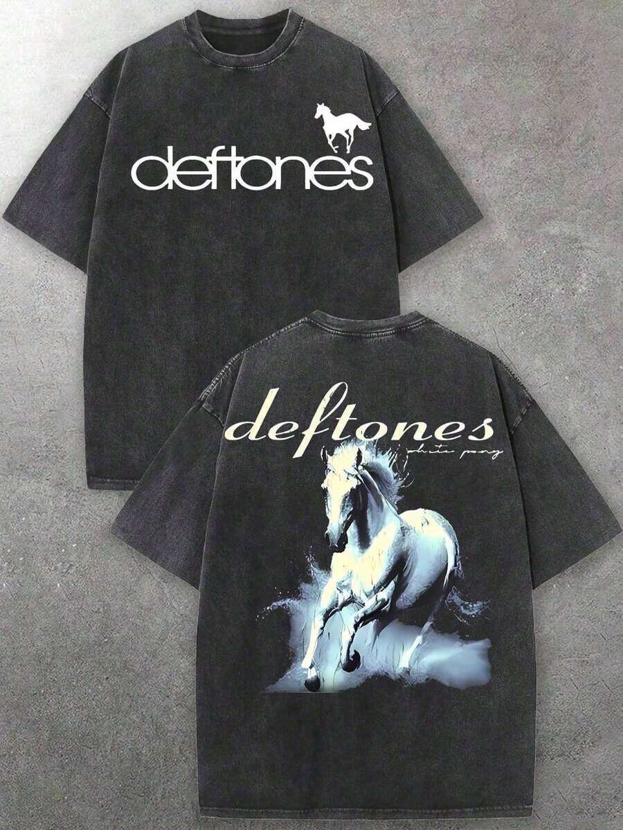 Band T Shirts Men, D Eftones White Pony Album Horse Graphic, 230g Washed Cotton Crew Neck Short Sleeve T-Shirt, Washed, Rock Music Casual, Street Fashion, Big And Tall, Free Shipping - 黑色 - 查看 1