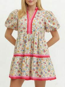 Women Y2K Babydoll Mini Dresses V Neck Puff Sleeve Short Dress Beach Sundress - 黃色 - 查看 1