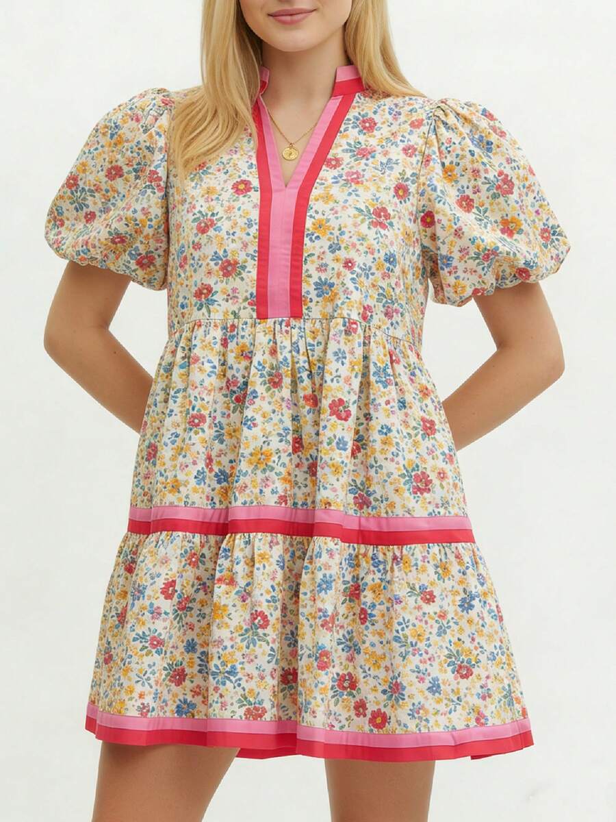 Women Y2K Babydoll Mini Dresses V Neck Puff Sleeve Short Dress Beach Sundress - 黃色 - 查看 1