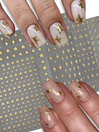 6 piezas Pegatinas de uñas metálicas 3D en forma de estrella irregular de 4 puntas, letras doradas, plateadas y rosa dorado, calcomanías de uñas autoadhesivas con efecto bronceado y brillo de estrellas para manicura