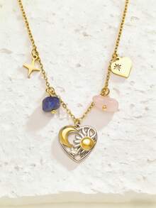 1pc 18K Gold Plated Women's Stainless Steel Necklace, Ins Style Sun, Star, Moon Design With Colorful Stones, Bohemian, Pendant Necklace, Delicate Gift, Elegant Necklace, Gold Necklace - Multicolor - View 2