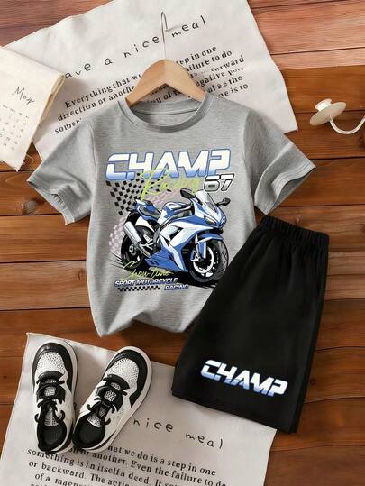 Tween Boy Cartoon Graphic Print Crew Neck Short Sleeve T-Shirt And Shorts Set