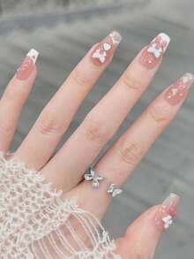 10片/套 按压式美甲 肉感樱桃 可爱蝴蝶结 闪亮猫眼 少女捏花边 手工可佩戴美甲 - 彩色 - 查看 3