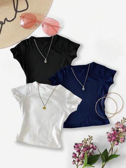 3 Packs Women's Round Neck Short-Sleeve T-Shirts, Summer New Fashion Solid Color Slim Fit Cropped Tops, Suitable For Daily Wear Casual