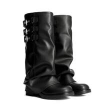 Fold-Over Knee High Boots Comfort Low Heel Wide Calf Slouchy Motorcycle Boot Buckle Long Tall Boots Fashion Women Shoes - màu đen - Xem 11
