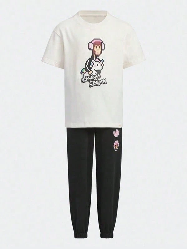 Adidas X MONKEY KINGDOM 联名套装，儿童短袖两件套，印花休闲运动服 - 白色 - 查看 1