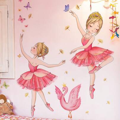 粉色芭蕾舞女孩墙贴装饰，DIY芭蕾舞女孩墙贴艺术，可爱小公主和蝴蝶彩色墙贴艺术，适合儿童房、客厅、派对装饰