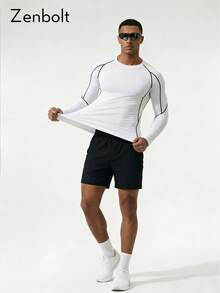 ZULIZ Zenbolt 男士日常健身多功能撞色缝线圆领修身长袖上衣 - 白色 - 查看 3
