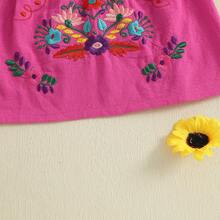 Toddler Baby Infant Girls Summer Cotton Linen Boho Dress Floral Embroidery Square Neck Lace Ruffle Fly Sleeve Sleeveless Summer Beach Sundress Vacation Bohemian Dress A-Line Dress - 玫紅色 - 查看 8