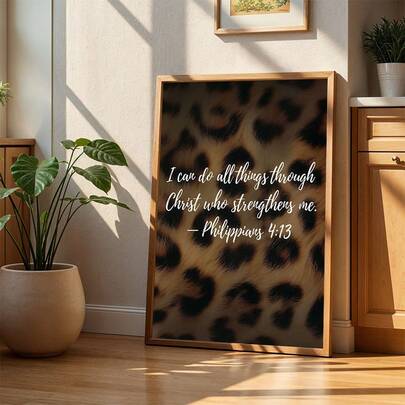 1pc Mordedn Leopard Pattern Bible Verse Canvas Wall Art,Chic Faith Bible Quote Poster With Philippians 4:13 Text, Inspirational Christian Home Decor,Canvas Painting,Wall Decorations Gift,No Frame