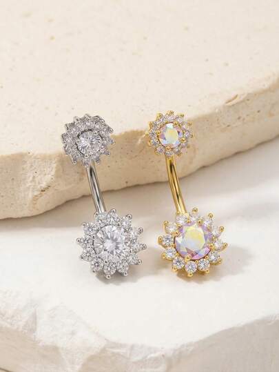 2/1 chiếc Khuyên rốn hình hoa hướng dương bằng thép không gỉ đính đá Zirconia nhiều màu sắc dành cho nữ, trang sức cơ thể thích hợp để đeo trong các bữa tiệc và dịp đặc biệt.