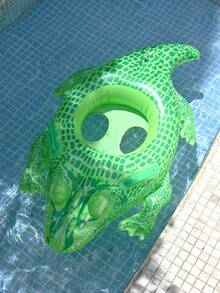 1个儿童游泳池充气座椅圈，可爱漂浮座椅圈，带把手游泳圈，绿色鳄鱼图案，儿童腋下漂浮圈，夏季游泳使用 - 彩色 - 查看 5