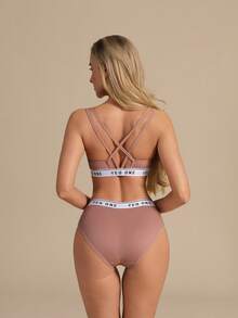 1 Set Women's Letter Print Hollow Criss-Cross Camisole Bra Set, Wireless, Breathable Back Design, Sports Bra Set - Watermelon Pink - View 3