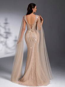 IBTRLY New Elegant Luxurious Rhinestone Bubble Pearl Sequin Mermaid Evening Gown With Bubble Pearl Rhinestone Embellished Sleeves, Suitable For Red Carpet Events, Luxury Weddings, Galas, Art Gallery Openings, Parties, Wedding Guest Attire, Formal Occasions Party Spring - Apricot - View 4