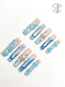 10 Pieces Of Pure Hand-Pressed Wearable Nail, 55mm Long Coffin-Shaped Nail, Pink And Blue Gradient Nail, Three-Dimensional Raised Blue Petals, Blue Glitter Pink Lines, 3D Small Flower Rhinestone Decoration, Butterfly Ornaments. Cute Nail Piece, Spring Nail Piece. Press On Nails - Multicolor - View 2