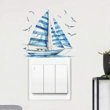 1pc Watercolor Sailboat & Seagull Light Switch Sticker, Removable Nautical Wall Decal, Coastal Blue Home Decor For Living Room & Bedroom - one-size - View 2
