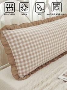 1pc Beige Plaid Ruffled Oblong Throw Pillow Cover - Soft Polyester Fabric, Suitable For Bedroom Sofa Decor Lumbar Cushion, Spring Decor, All Season Use, - Brown - View 6