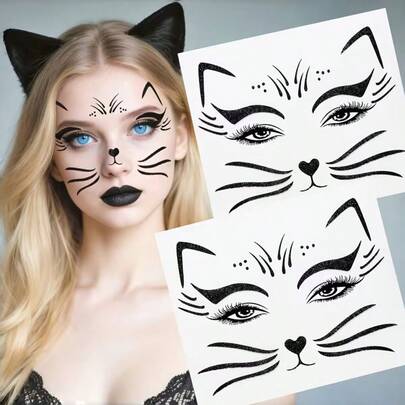 2pcs Cat Face Temporary Tattoos, Party Makeup Stickers, Glitter Cat Face Stickers, Stickers For Festival Party Decoration