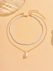 2 peças/Conjunto Colar Pingente de Concha Branca Romântico de Férias de Verão, Colar Gargantilha Assimétrico Fashionable de Pérola Falsa Feito à Mão com Contas, Adequado para Homens, Mulheres, Casais, Uso Diário, Praia, Festa - Branco - Visão 2
