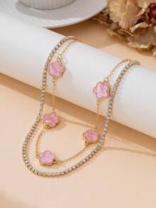 1pc Elegant Luxury Summery Pink Sweet Clover Sparkling Charm Multi-Layer Necklace For Women - Pink - View 2